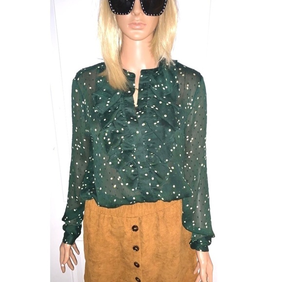 H&M Plumeti Blouse Dark Green with White Polka Dots Ruffle Ling Sleeve 12 - Picture 3 of 9